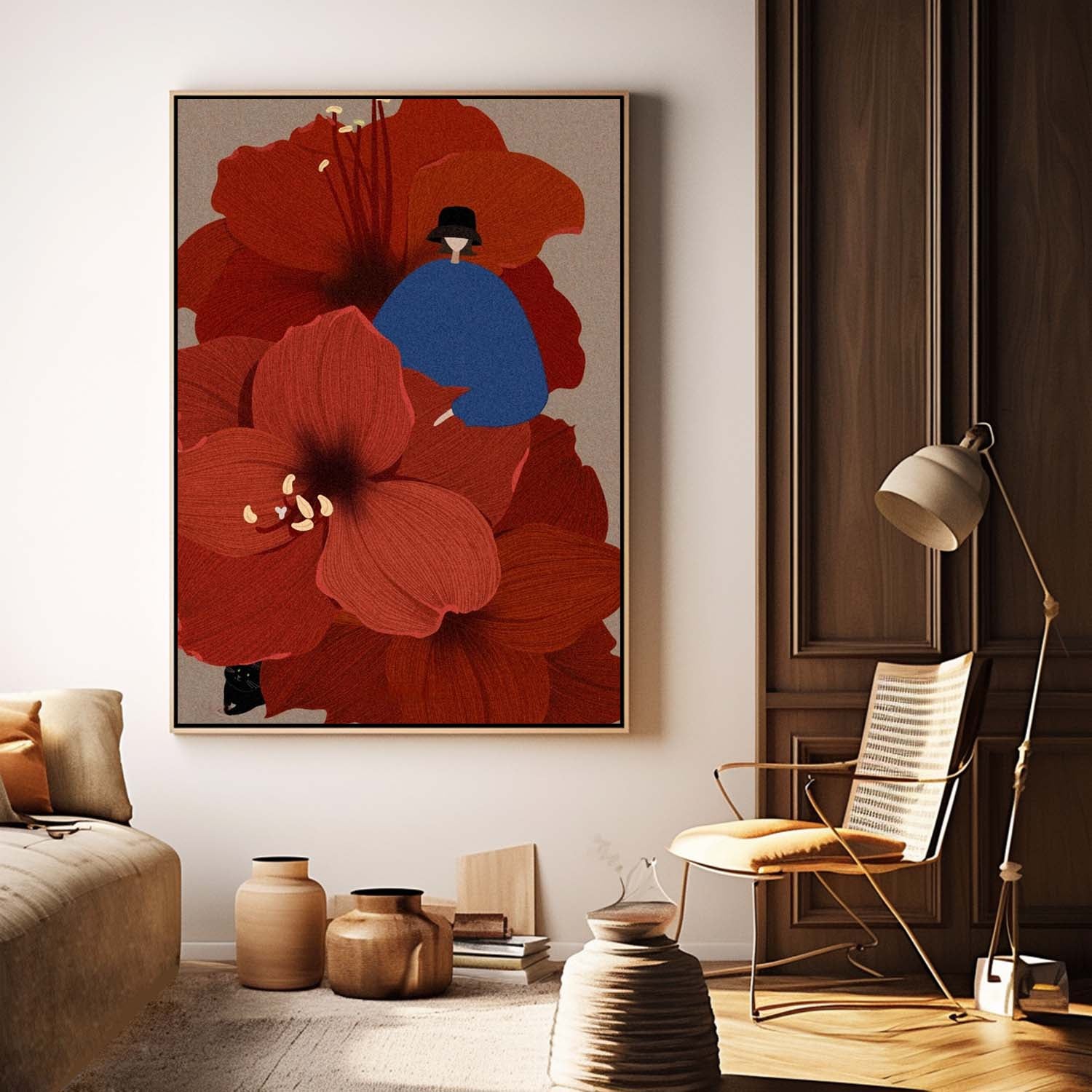 Large Figure Painting Original Girl On Flowers Wall Art Illustration style Abstract Artwork Home Decor
