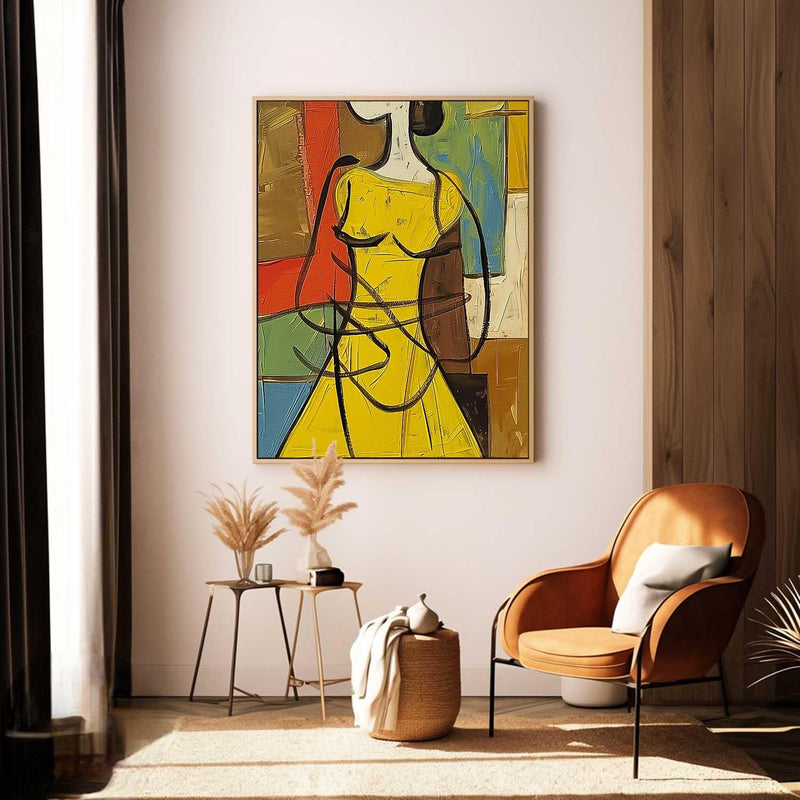 Large Cartoon Lines Painting Framed Original Lady Wall Art Abstract Yellow Dress Artwork Home Decor