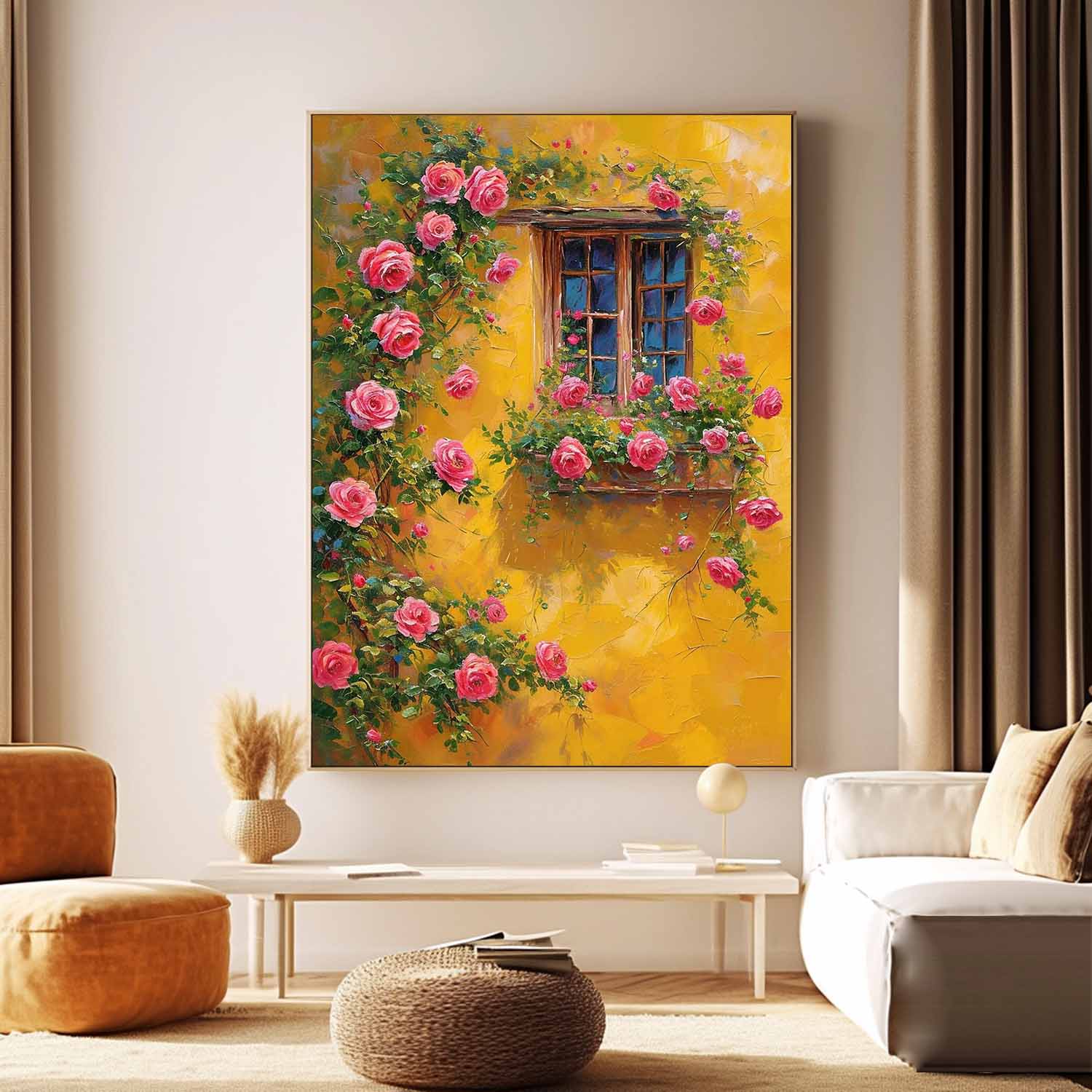Flowers And Yellow Building Acrylic Painting Canvas Large Textured Art Original Floral Painting Home Decor