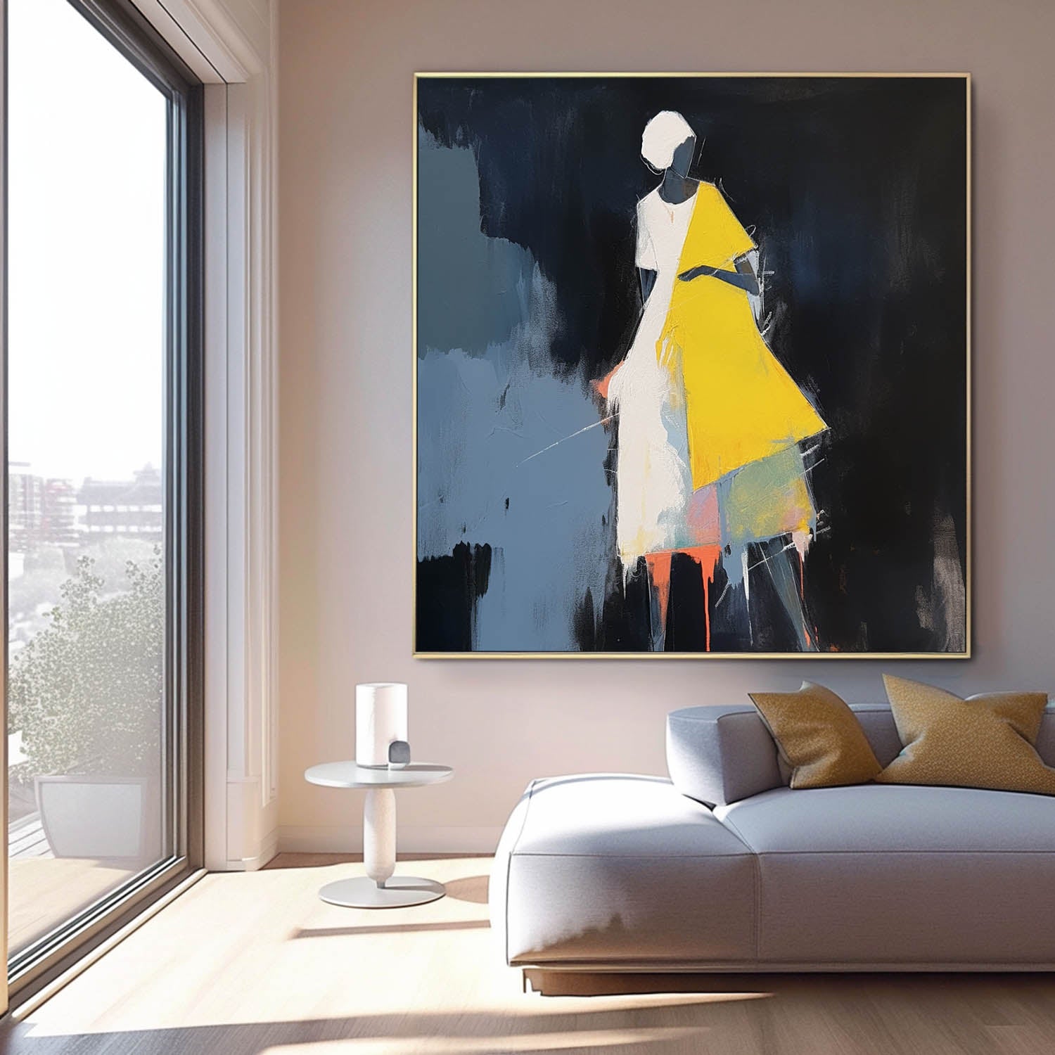 Black And Yellow Abstract people's Wall Art Original Character Outline Painting Canvas Large Square Artwork