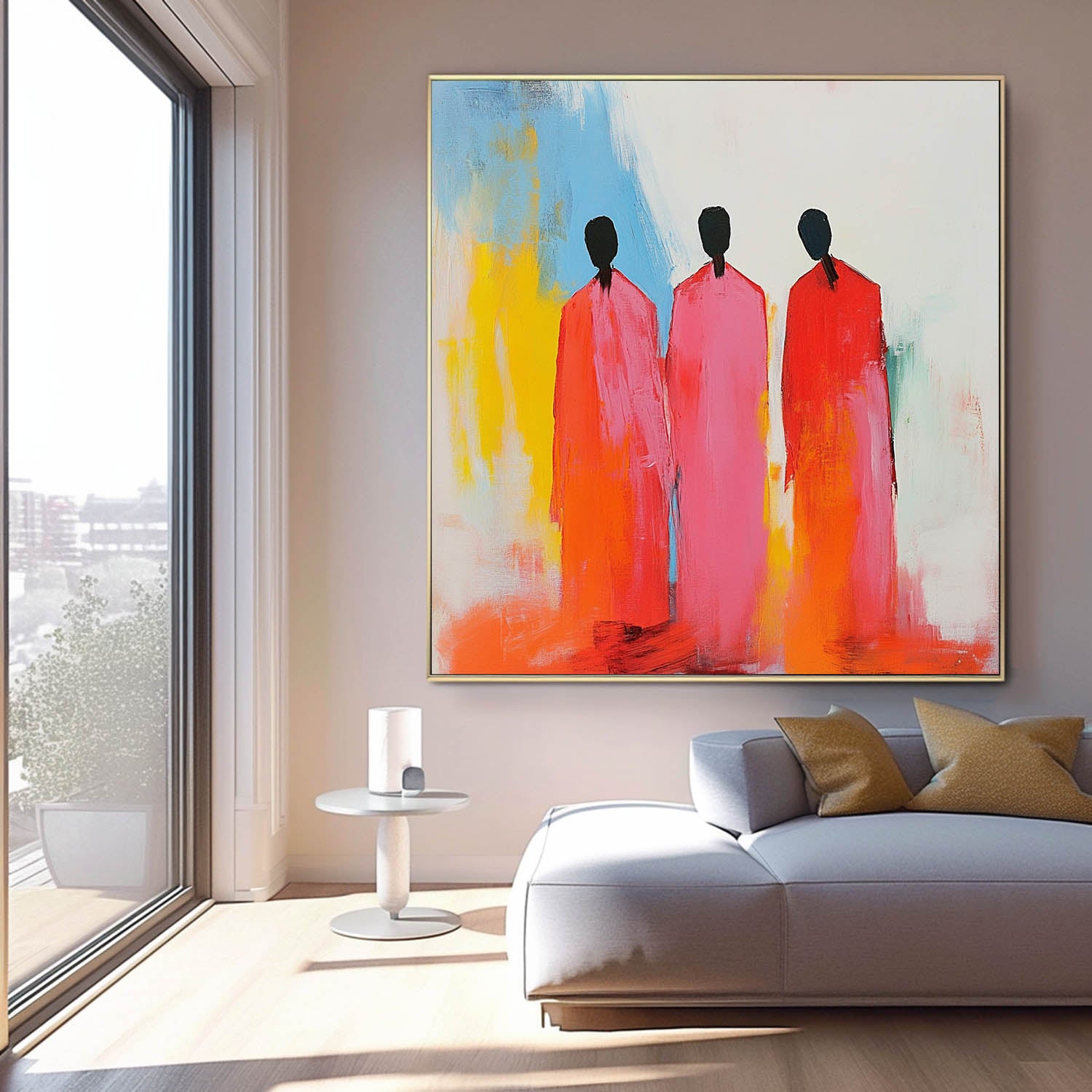Original Pink Figure Acrylic Painting Canvas Colorful Abstract Wall Art Square Large Portrait Artwork