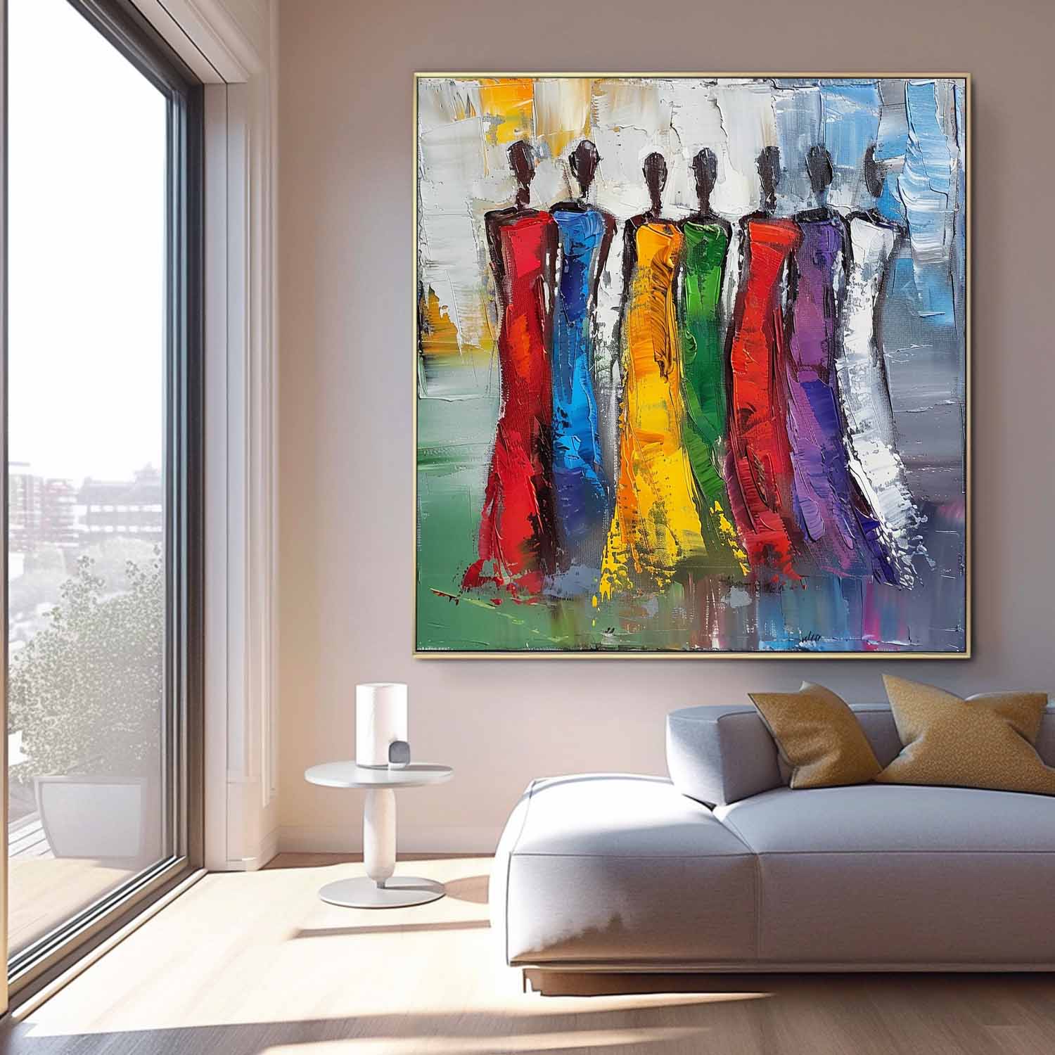 Colorful Abstract people's Wall Art Original Woman Character Outline Painting Canvas Large Square Artwork