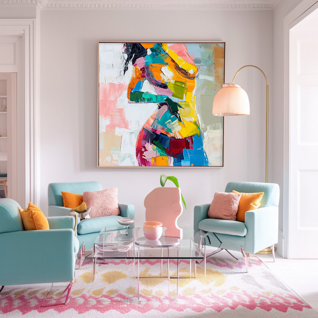 Bright Color Abstract Wall Art Square Sexy Girl Original Texture Acrylic Painting Canvas Large Artwork