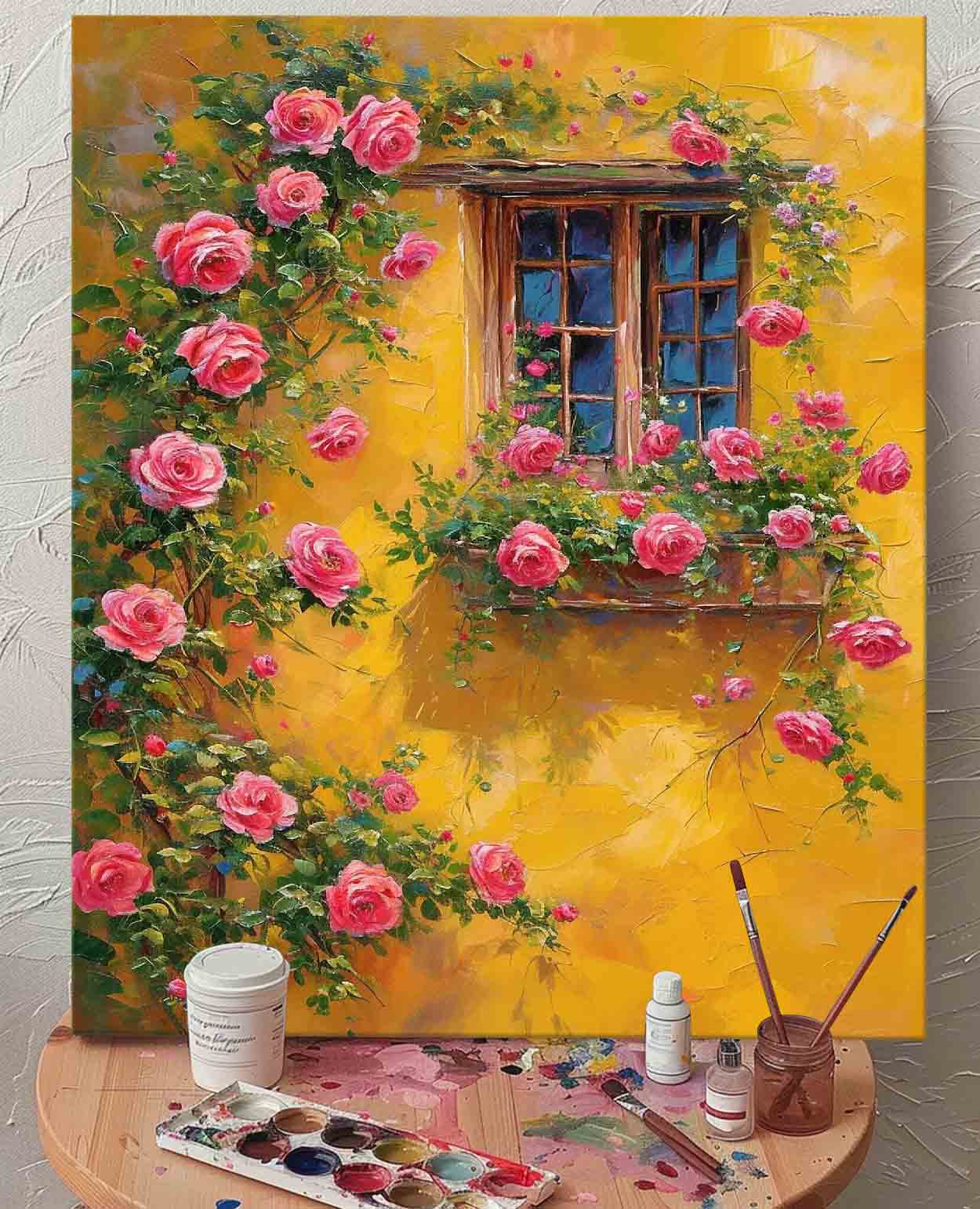 Flowers And Yellow Building Acrylic Painting Canvas Large Textured Art Original Floral Painting Home Decor