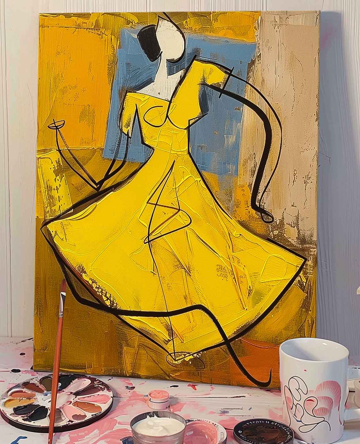Large Dancing Woman Painting Framed Original Lady Wall Art Abstract Yellow Dress Artwork Home Decor