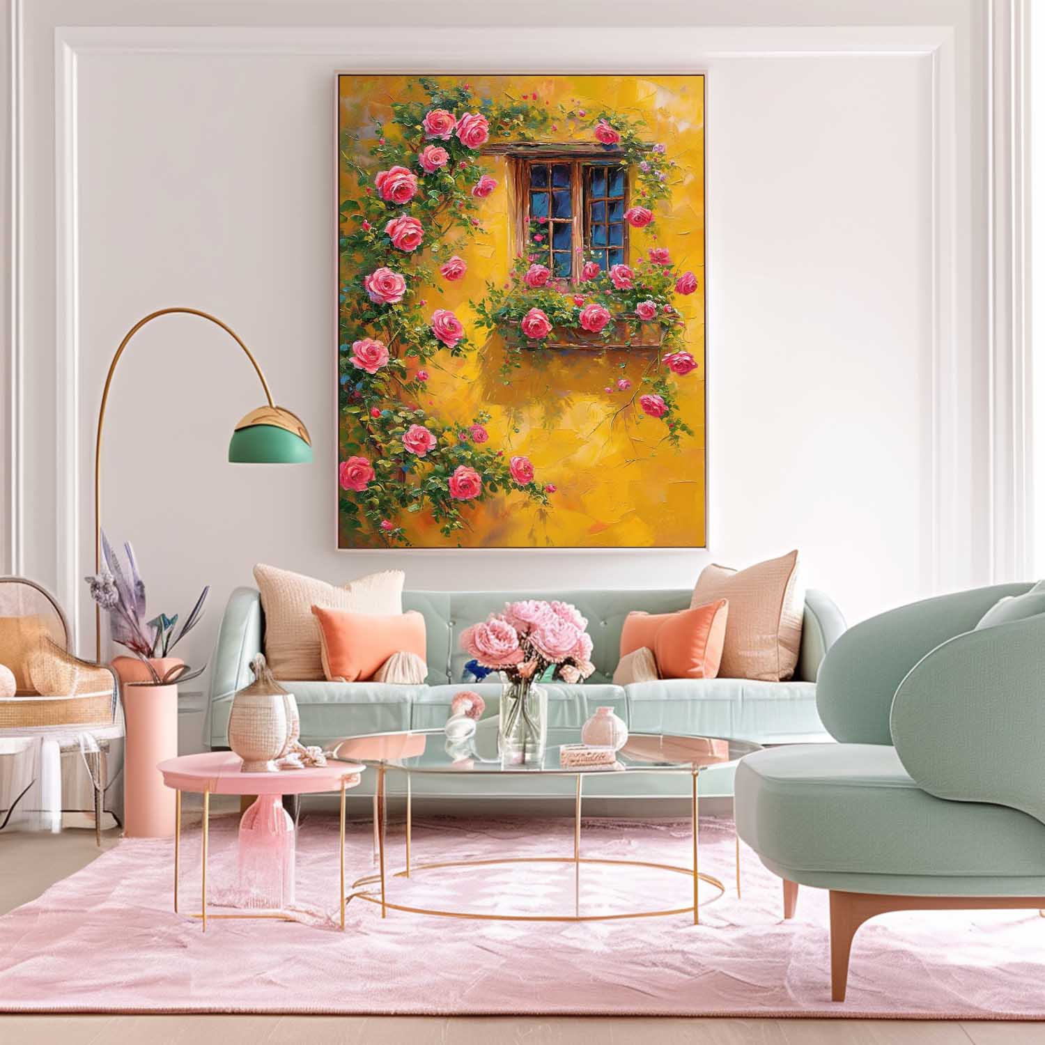 Flowers And Yellow Building Acrylic Painting Canvas Large Textured Art Original Floral Painting Home Decor