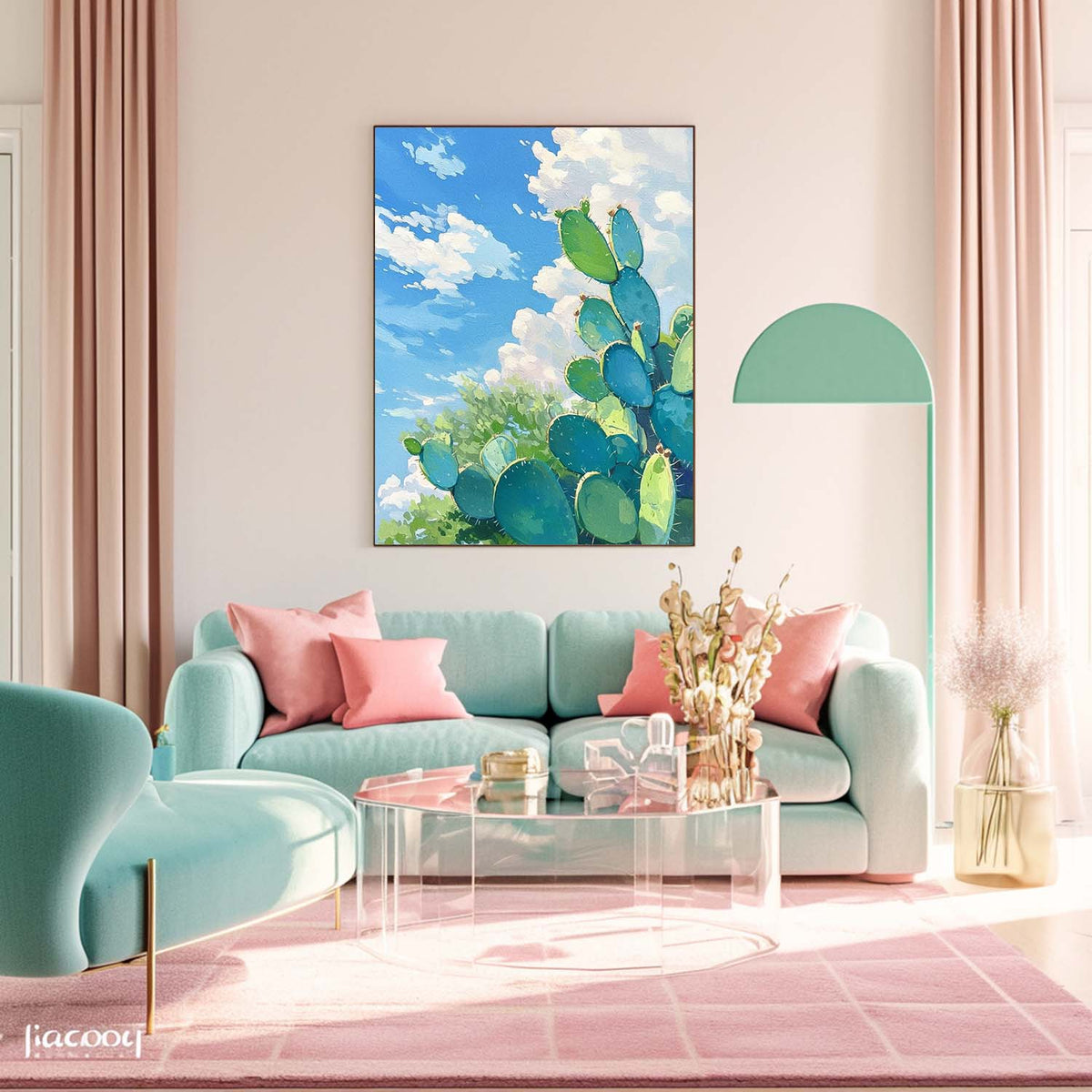 Abstract Scenery Oil Painting Large Cute Cactus Painting On Canvas Bright Landscape Texture For Living Room