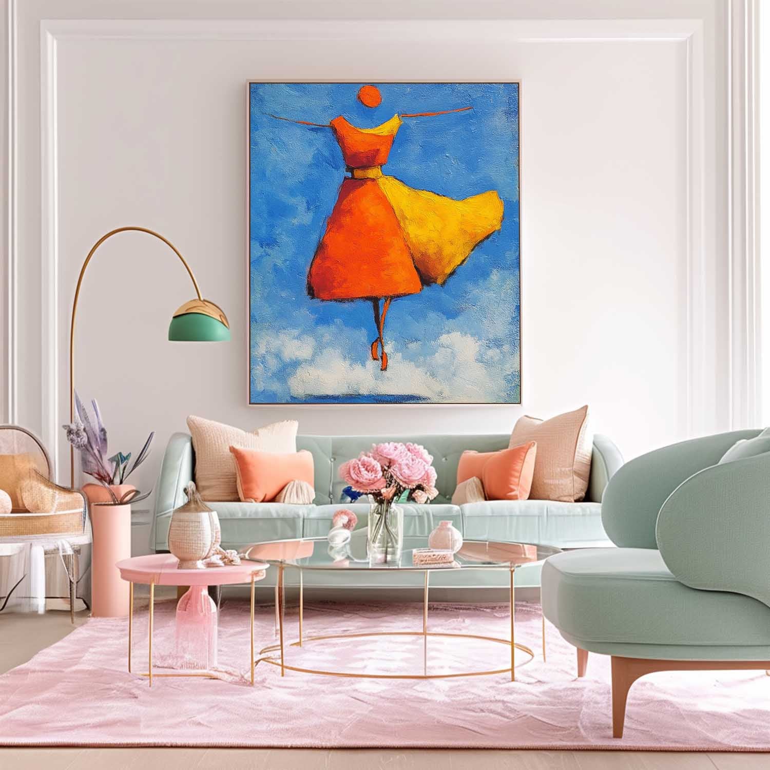 Modern Orange Skirt Framed Minimalist People Silhouette Wall Art Original Vibrant Color Oil Painting 