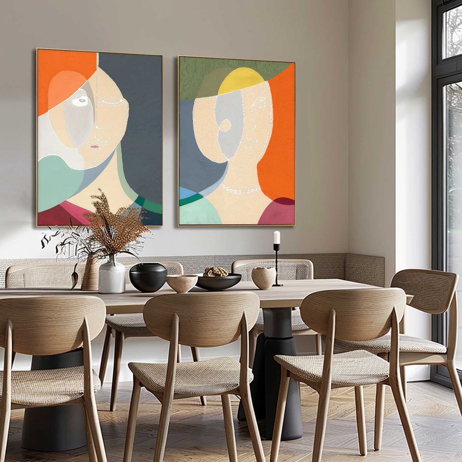 Set of 2 Original Nordic Style Wall Art Minimalism Colorful Abstract Line Artwork Large Figure Painting Gift