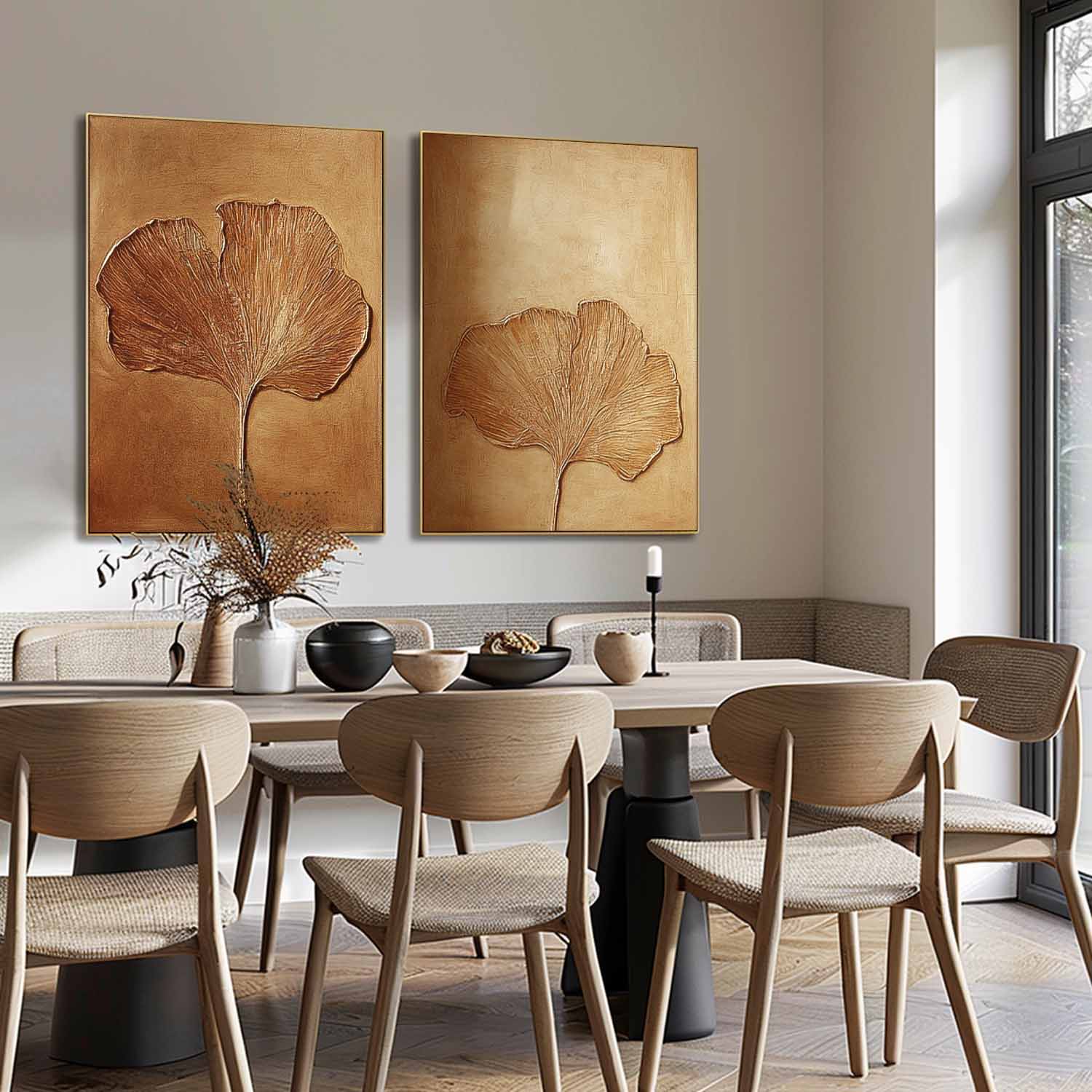 Set of 2 Exquisite Ginkgo Leaf Painting Acrylic Textured Floral Art Impressionist Ginkgo Leaf Painting