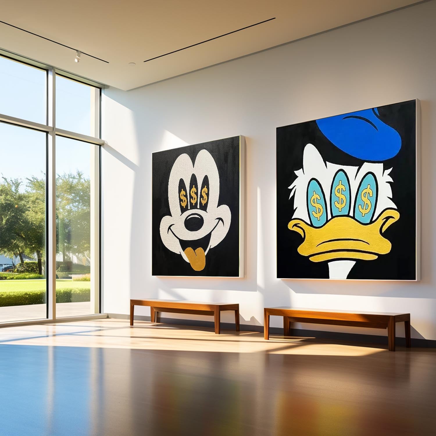 Set of 2 Large Abstract Modern Square Original Oil Paintings On Canvas Graffiti Disney Characters Wall Art
