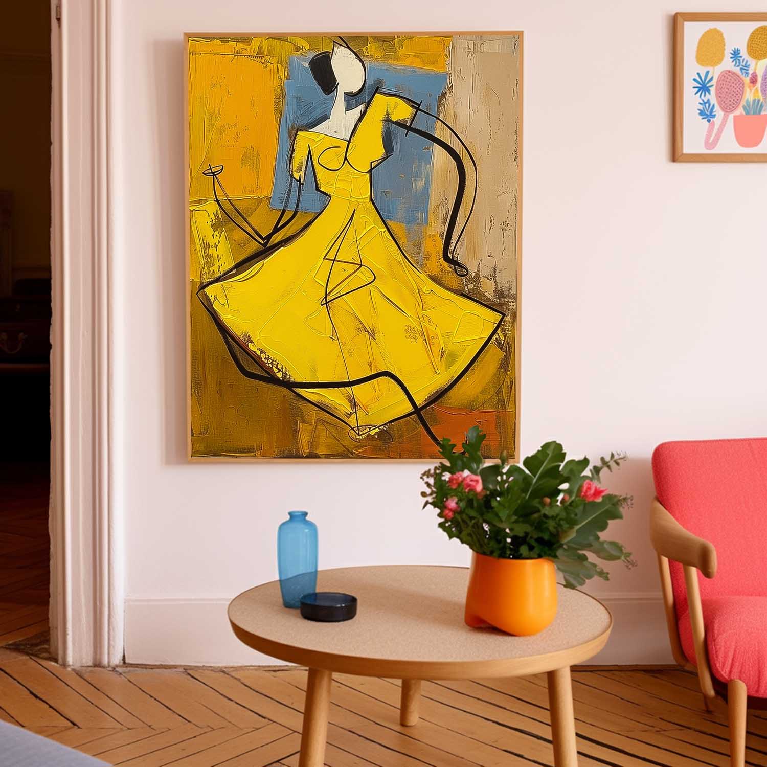 Large Dancing Woman Painting Framed Original Lady Wall Art Abstract Yellow Dress Artwork Home Decor