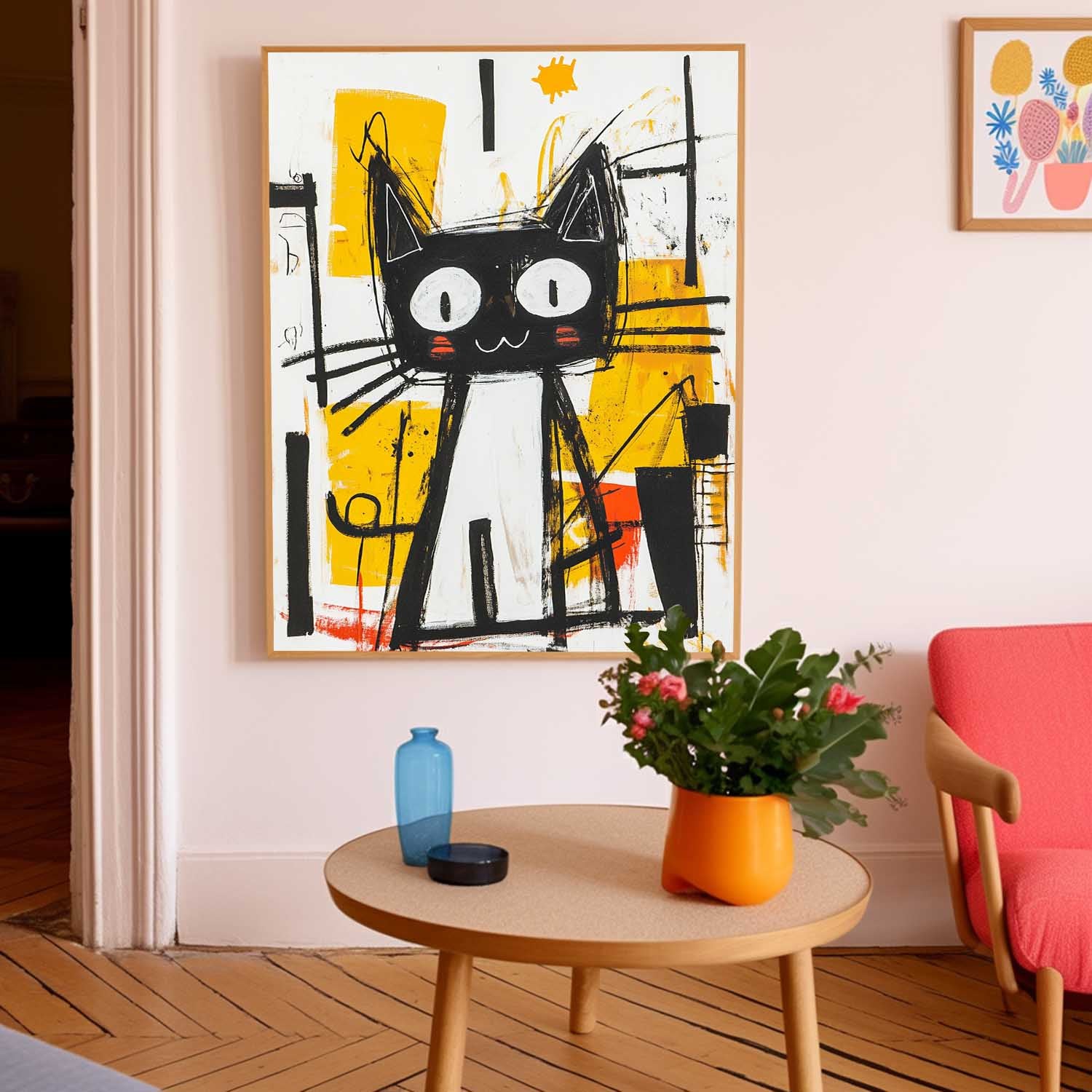 Modern Cute Kitten Texture Animal Oil Painting Graffiti Line Oil Painting Abstract Wall Art Decor