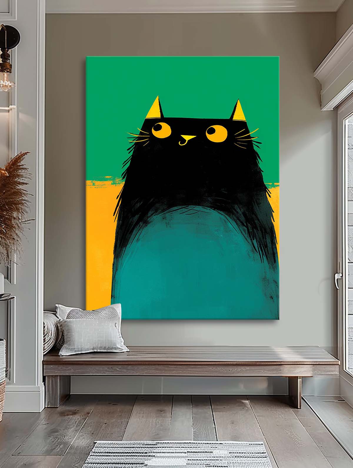 Modern Black Cat Animal Oil Painting Vibrant Yellow And Green Oil Painting Impressionist Kitty Wall Art