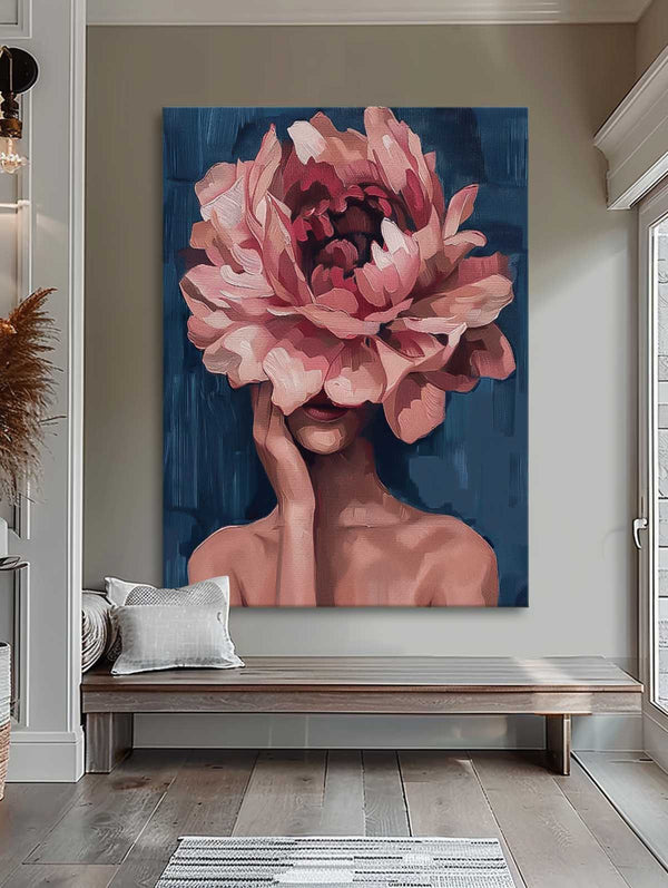 Original Lady Wall Art Abstract Pink Peony Flower Profile Artwork Large Portrait Painting For Living Room