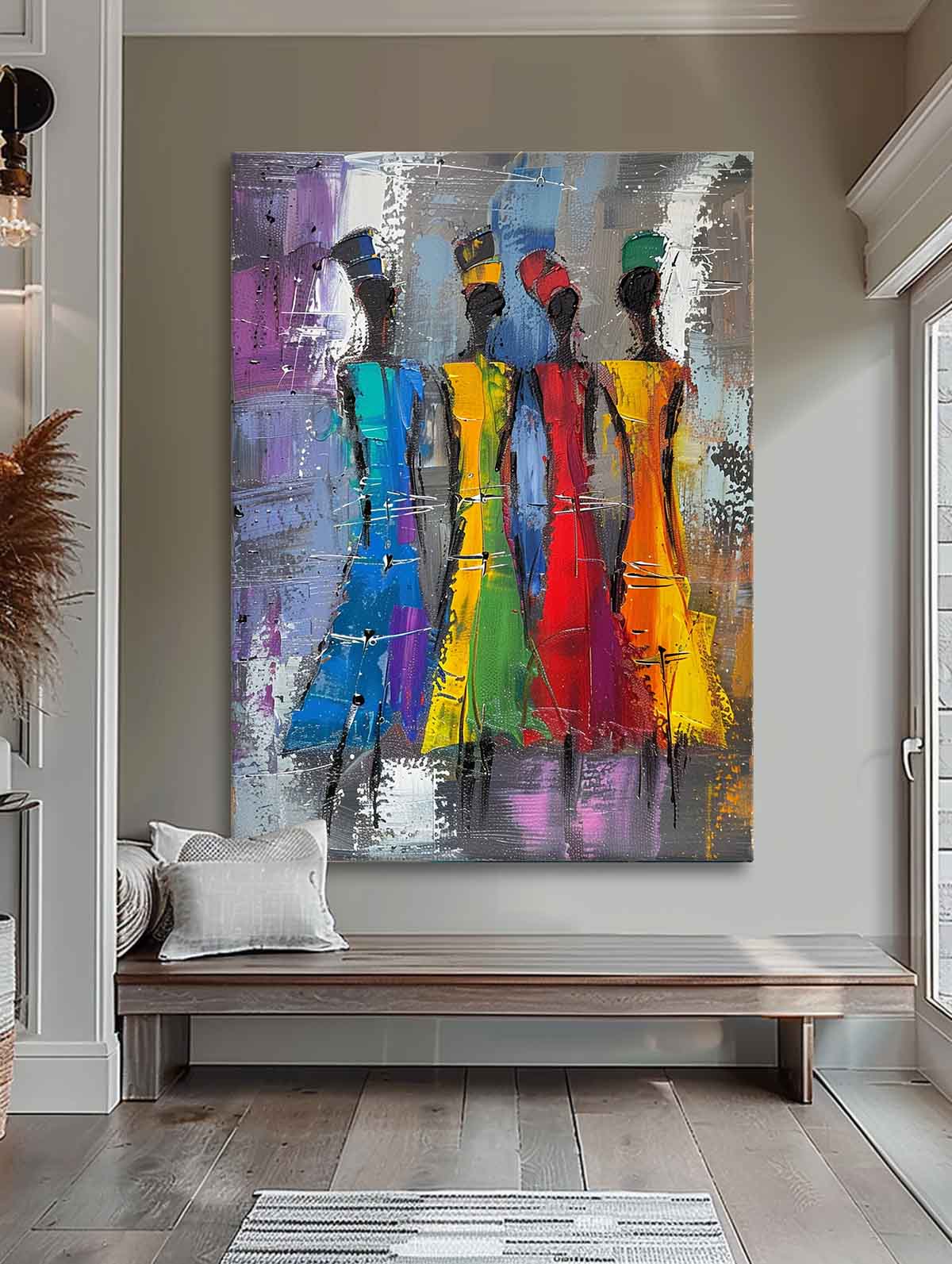Original Modern Wall Art Colorful Four Women Silhouettes Painting Big Multicolor Girl Painting Framed