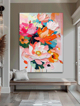 Abstract Colorful Lotus Flower Oil Painting on Canvas Big Original Texture Flowers Artwork Framed