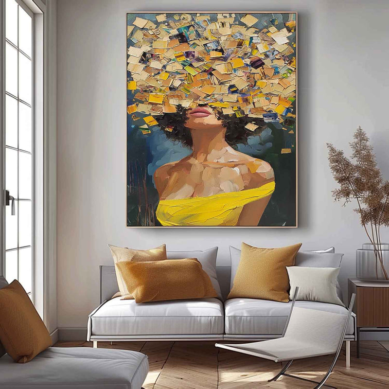 Original Lady Wall Art Abstract Yellow Profile Artwork Large Portrait Painting Framed For Living Room